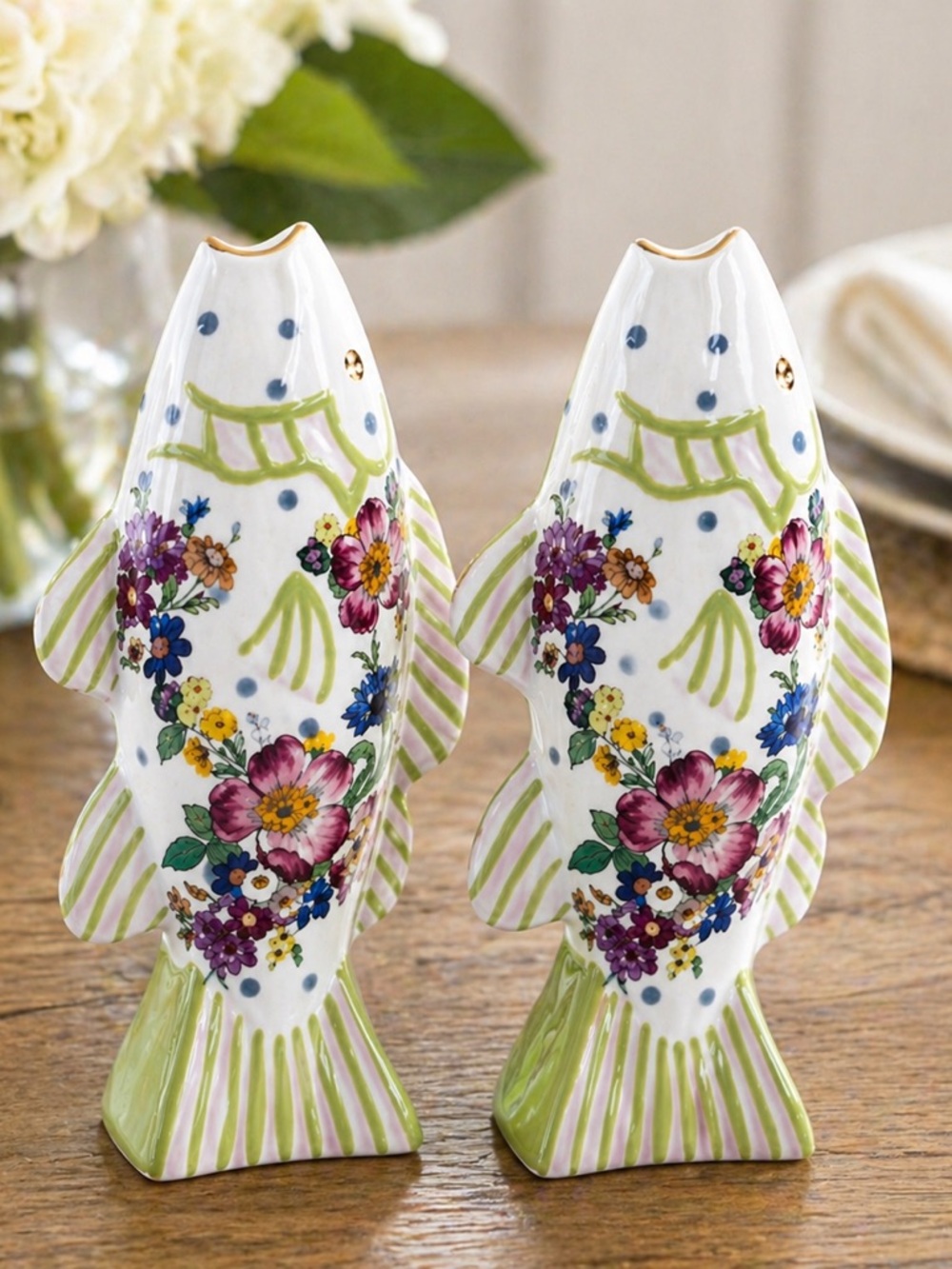 NIB MacKENZIE CHILDS FRECKLE FISH SALT AND PEPPER SHAKERS